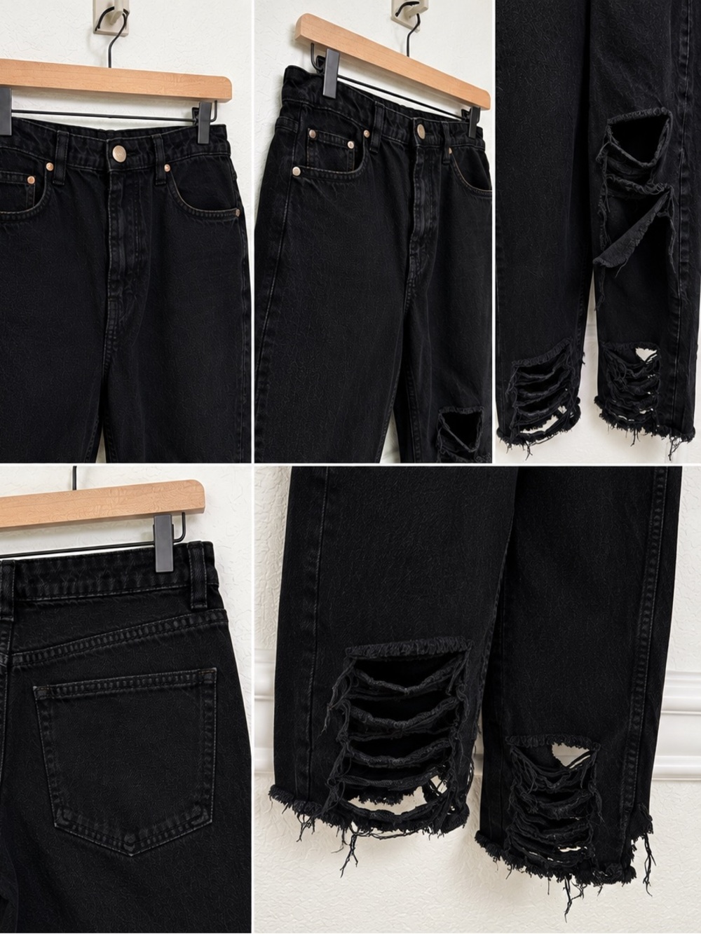PrettyLittleThing Black Distressed Relaxed Fit Ripped Jeans Size 14